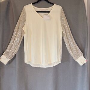 Women's Cream Top with Silver Sequin Sleeves